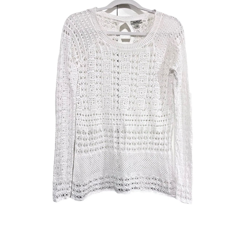 Lucky Brand Crochet Ivory Overlay Knit Sweater Keyhole Back Size Small